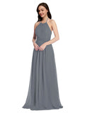 Long A-Line High Neck Halter Sleeveless Slate Grey Chiffon Bridesmaid Dress Larson