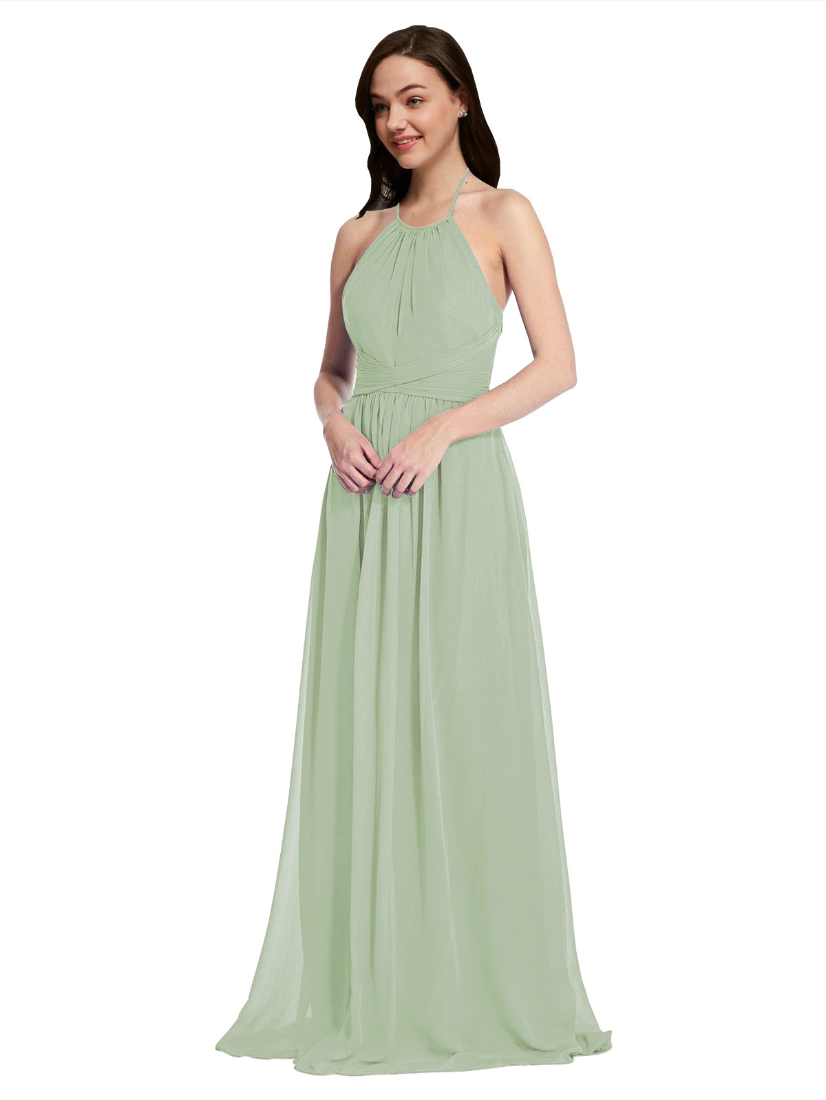 Long A-Line High Neck Halter Sleeveless Smoke Green Chiffon Bridesmaid Dress Larson