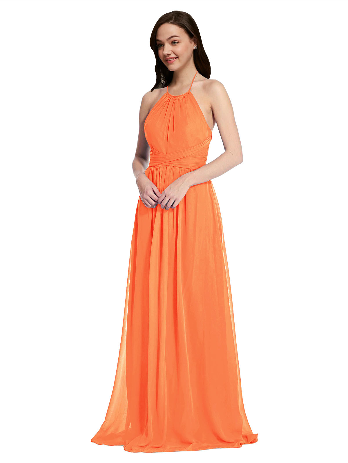 Long A-Line High Neck Halter Sleeveless Tangerine Tango Chiffon Bridesmaid Dress Larson