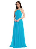 Long A-Line High Neck Halter Sleeveless Turquoise Chiffon Bridesmaid Dress Larson