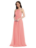 Long A-Line High Neck Halter Sleeveless Watermelon Chiffon Bridesmaid Dress Larson