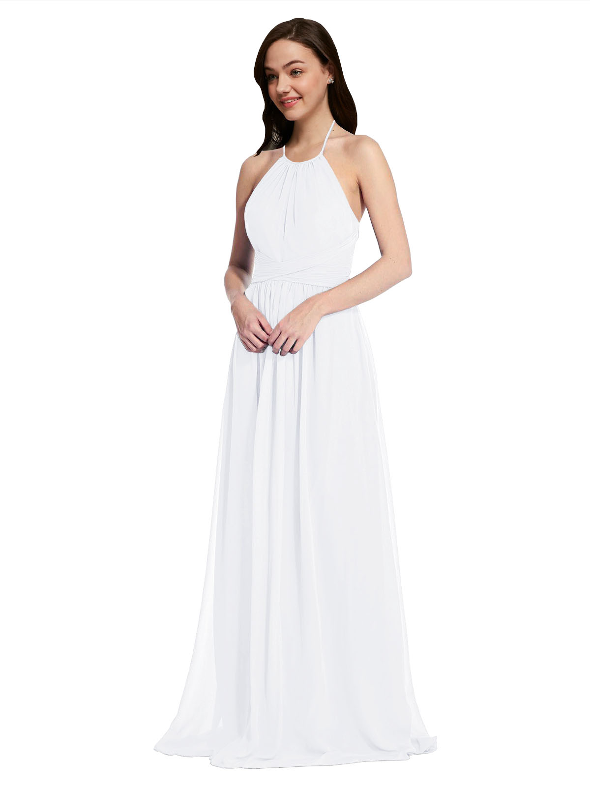 Long A-Line High Neck Halter Sleeveless White Chiffon Bridesmaid Dress Larson