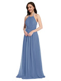 Long A-Line High Neck Halter Sleeveless Windsor Blue Chiffon Bridesmaid Dress Larson