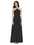 Long A-Line Halter Sleeveless Black Chiffon Bridesmaid Dress Raya