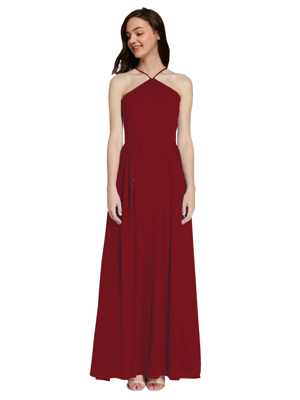 Long A-Line Halter Sleeveless Burgundy Chiffon Bridesmaid Dress Raya