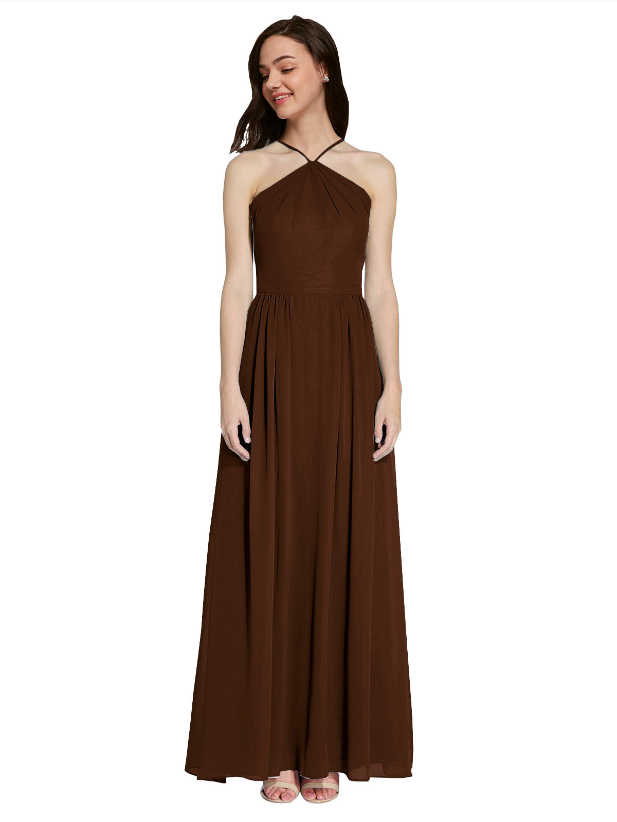Long A-Line Halter Sleeveless Chocolate Chiffon Bridesmaid Dress Raya