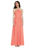 Long A-Line Halter Sleeveless Coral Chiffon Bridesmaid Dress Raya