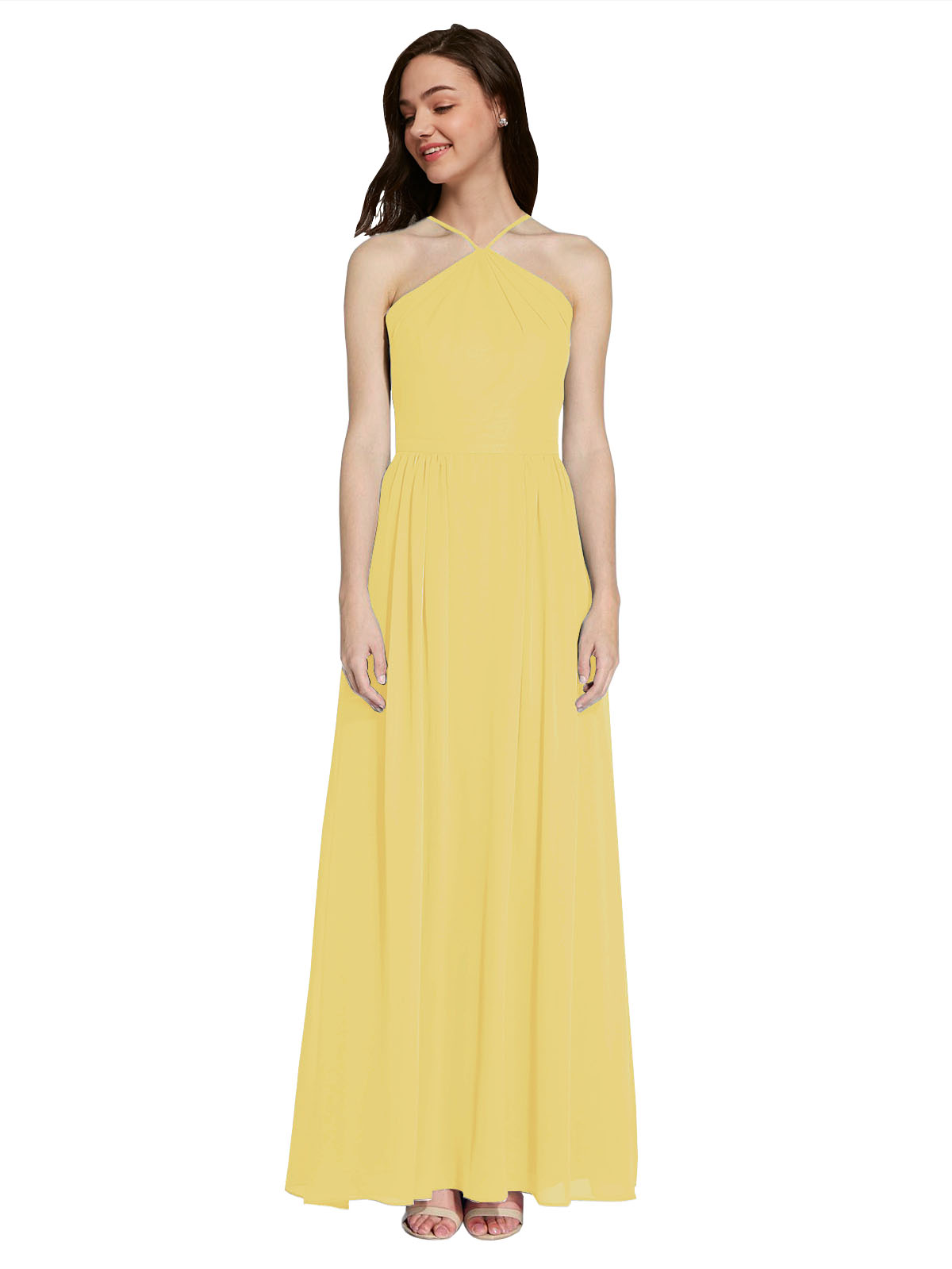 Long A-Line Halter Sleeveless Daffodil Chiffon Bridesmaid Dress Raya