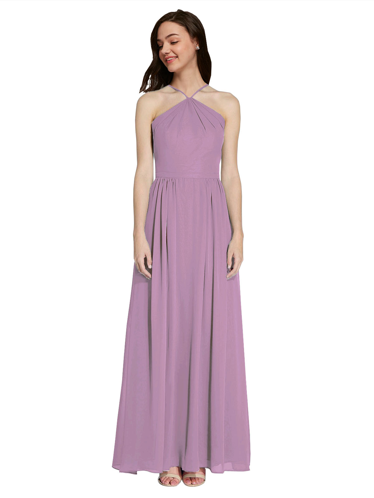 Long A-Line Halter Sleeveless Dark Lavender Chiffon Bridesmaid Dress Raya