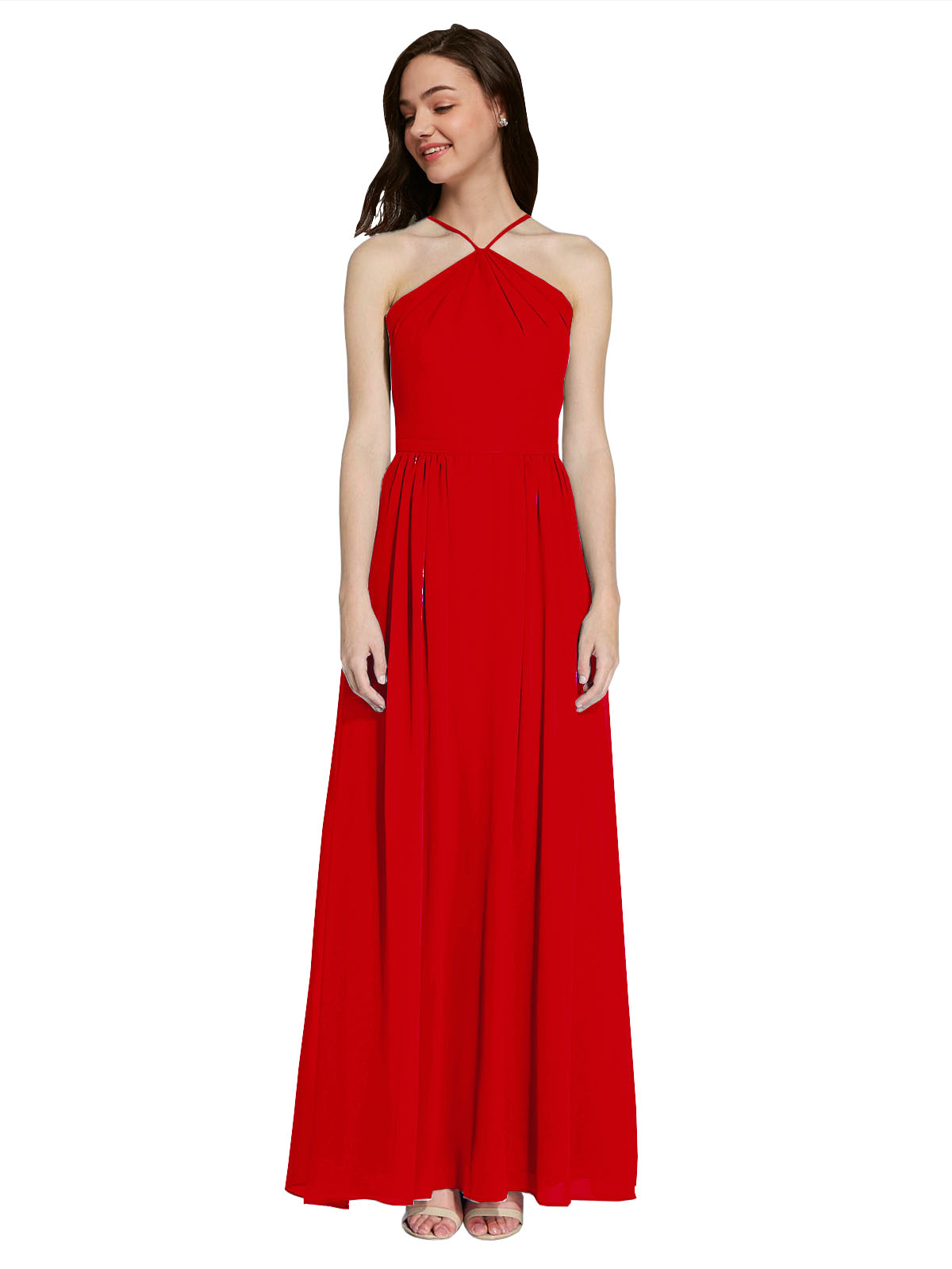 Long A-Line Halter Sleeveless Dark Red Chiffon Bridesmaid Dress Raya
