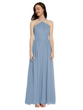 Long A-Line Halter Sleeveless Dusty Blue Chiffon Bridesmaid Dress Raya