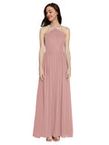 Long A-Line Halter Sleeveless Dusty Pink Chiffon Bridesmaid Dress Raya