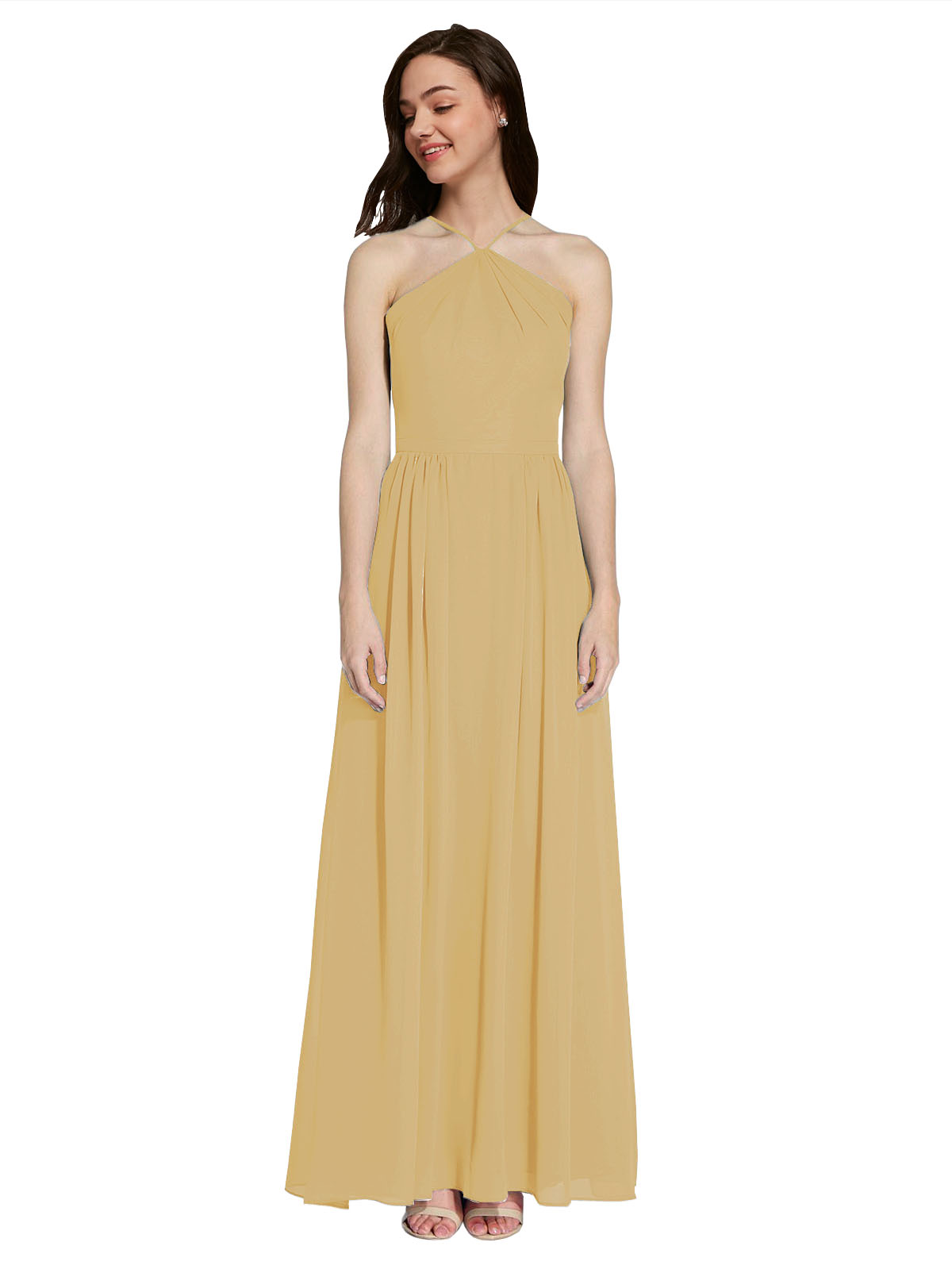 Long A-Line Halter Sleeveless Gold Chiffon Bridesmaid Dress Raya