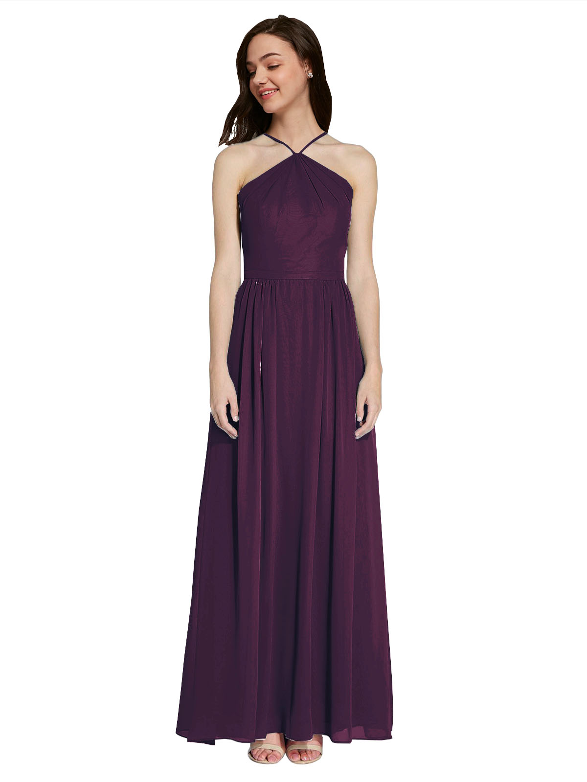 Long A-Line Halter Sleeveless Grape Chiffon Bridesmaid Dress Raya