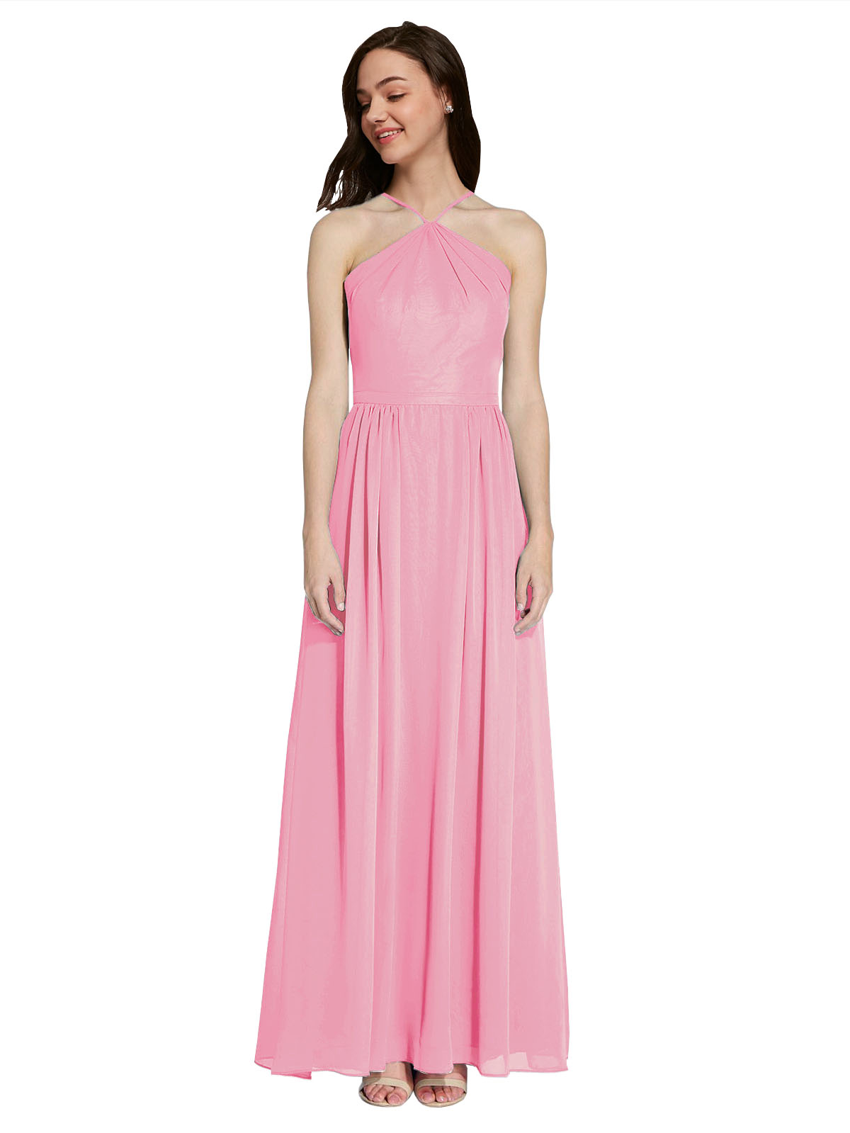 Long A-Line Halter Sleeveless Hot Pink Chiffon Bridesmaid Dress Raya