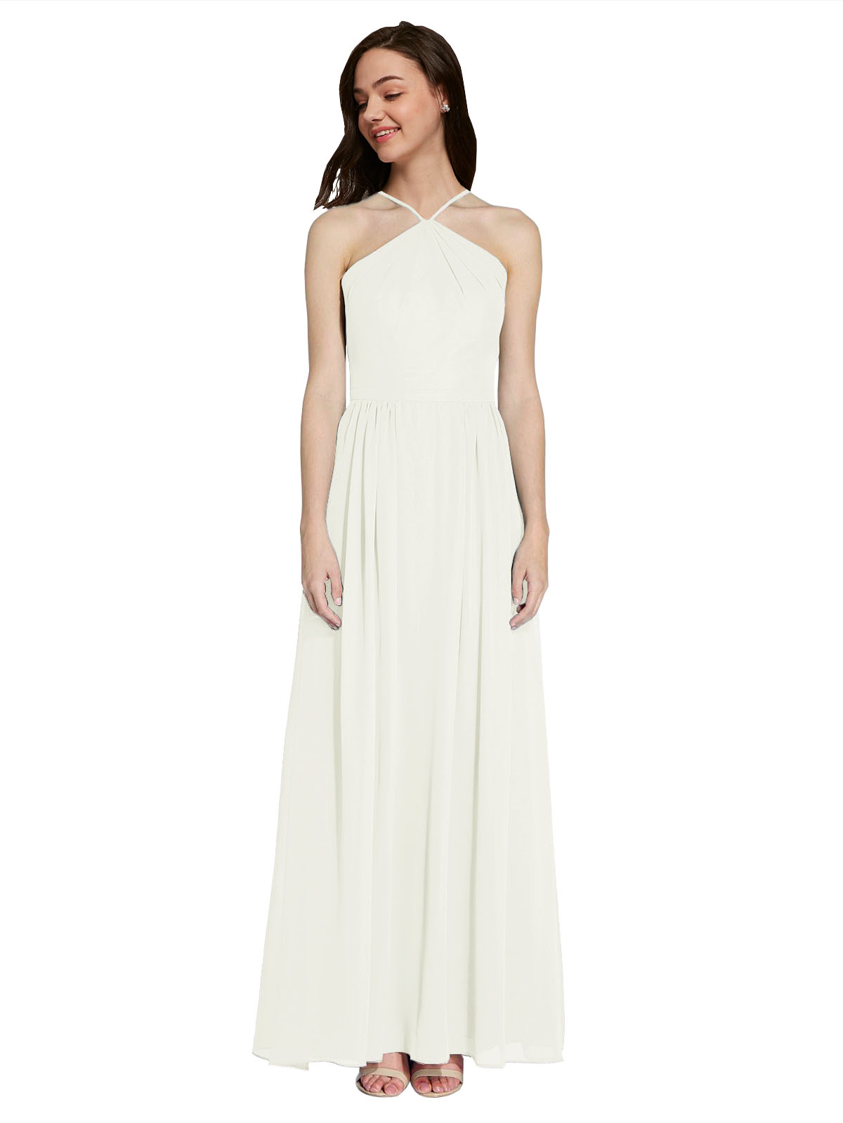 Long A-Line Halter Sleeveless Ivory Chiffon Bridesmaid Dress Raya