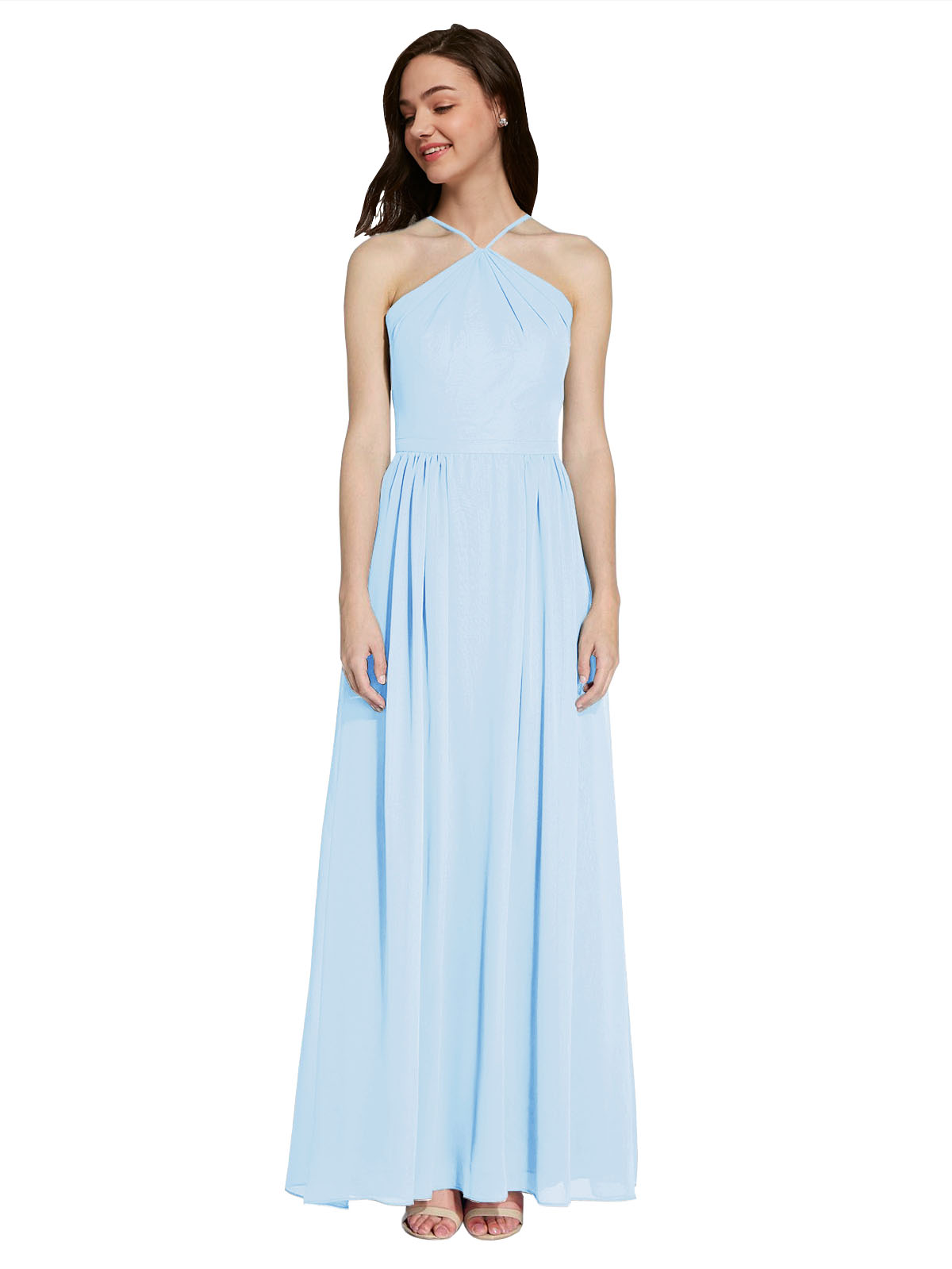Long A-Line Halter Sleeveless Light Sky Blue Chiffon Bridesmaid Dress Raya