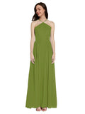 Long A-Line Halter Sleeveless Olive Green Chiffon Bridesmaid Dress Raya
