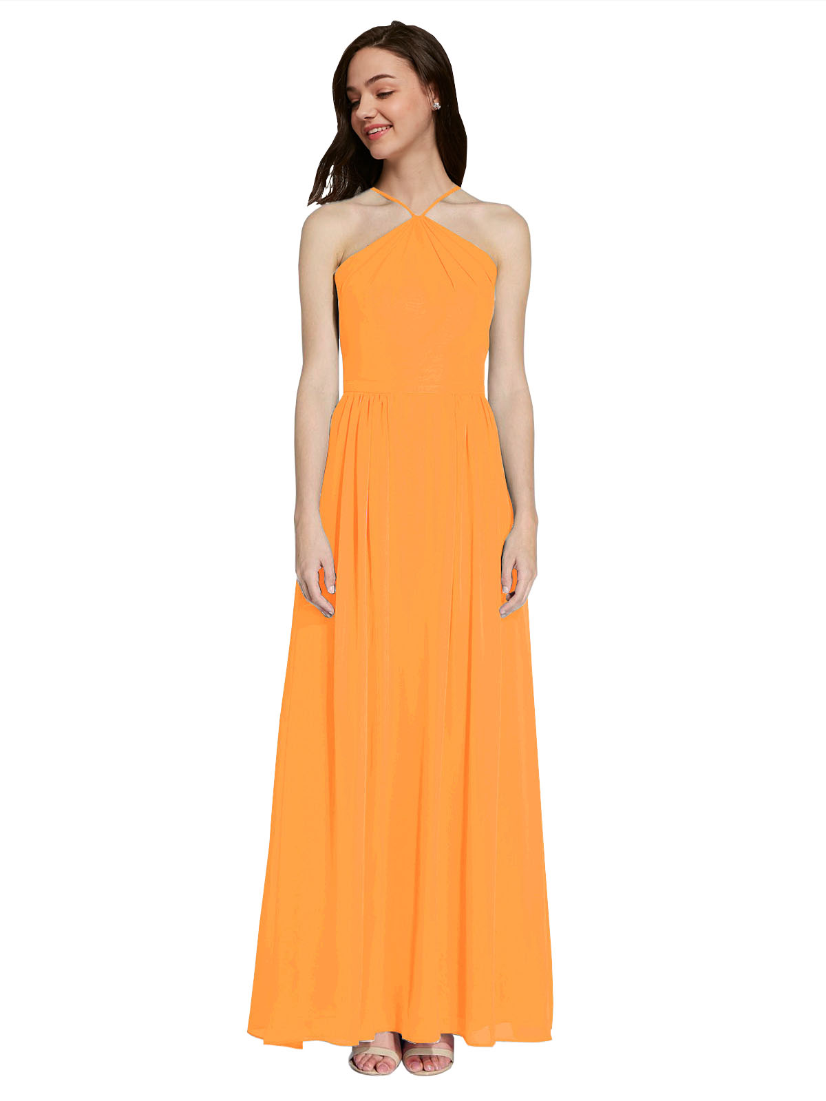 Long A-Line Halter Sleeveless Orange Chiffon Bridesmaid Dress Raya