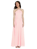 Long A-Line Halter Sleeveless Pink Chiffon Bridesmaid Dress Raya