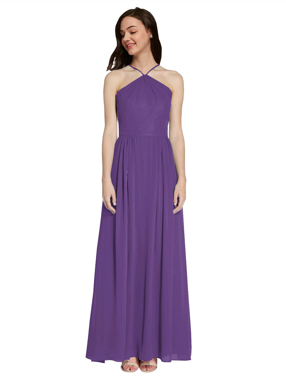 Long A-Line Halter Sleeveless Plum Purple Chiffon Bridesmaid Dress Raya