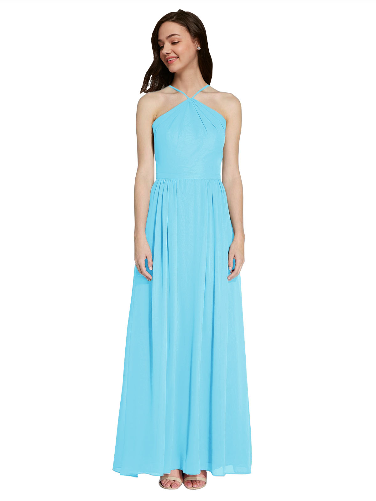 Long A-Line Halter Sleeveless Sky Blue Chiffon Bridesmaid Dress Raya