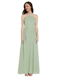 Long A-Line Halter Sleeveless Smoke Green Chiffon Bridesmaid Dress Raya