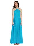 Long A-Line Halter Sleeveless Turquoise Chiffon Bridesmaid Dress Raya