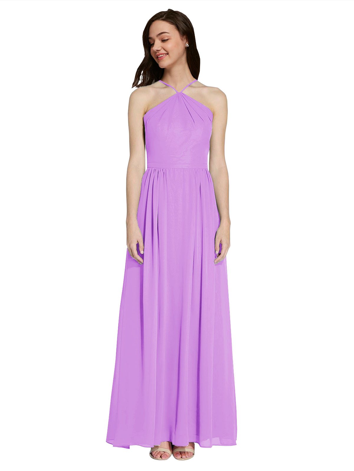 Long A-Line Halter Sleeveless Violet Chiffon Bridesmaid Dress Raya