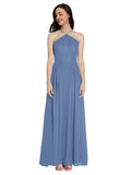 Long A-Line Halter Sleeveless Windsor Blue Chiffon Bridesmaid Dress Raya