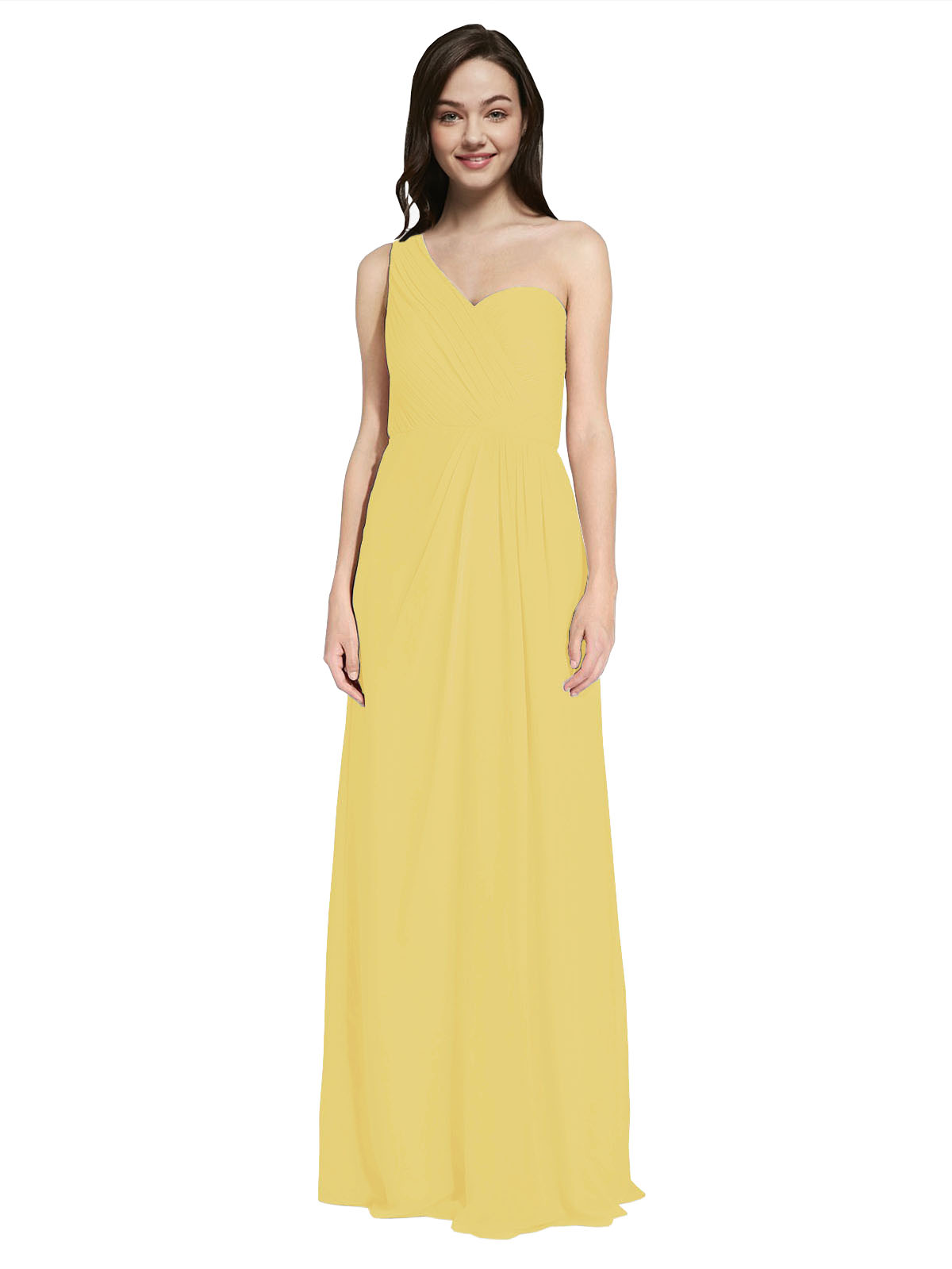 Long A-Line One Shoulder Sweetheart Sleeveless Daffodil Chiffon Bridesmaid Dress Ida