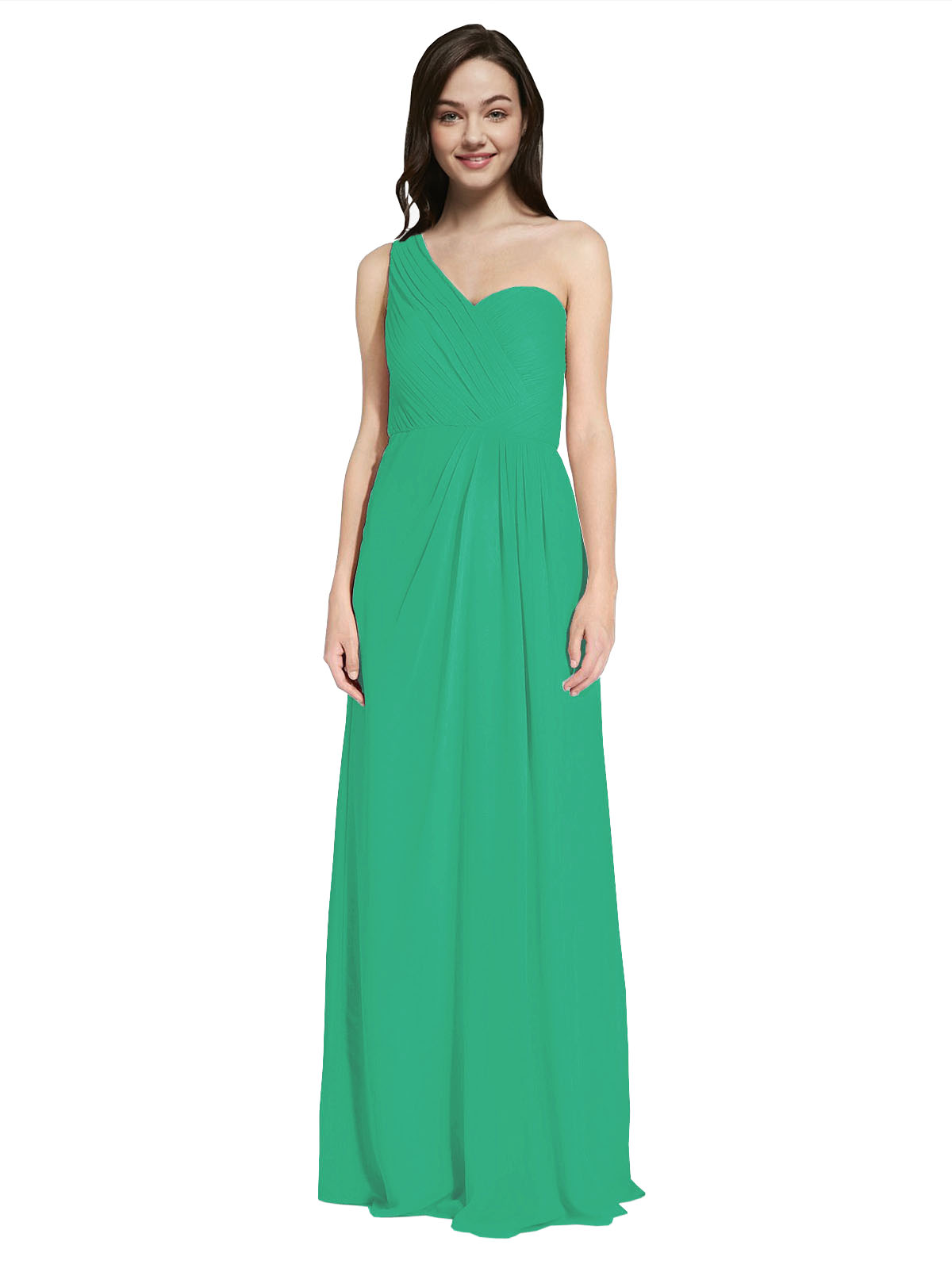 Long A-Line One Shoulder Sweetheart Sleeveless Emerald Green Chiffon Bridesmaid Dress Ida