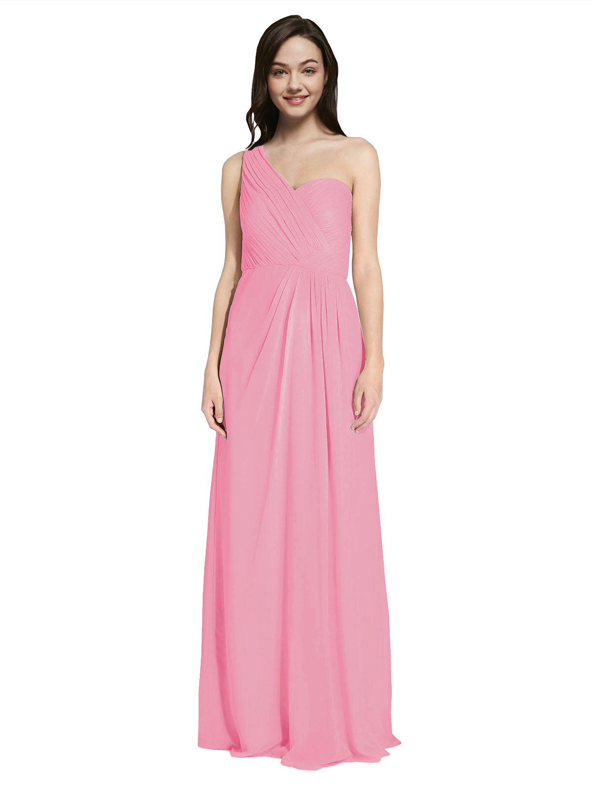 Long A-Line One Shoulder Sweetheart Sleeveless Hot Pink Chiffon Bridesmaid Dress Ida