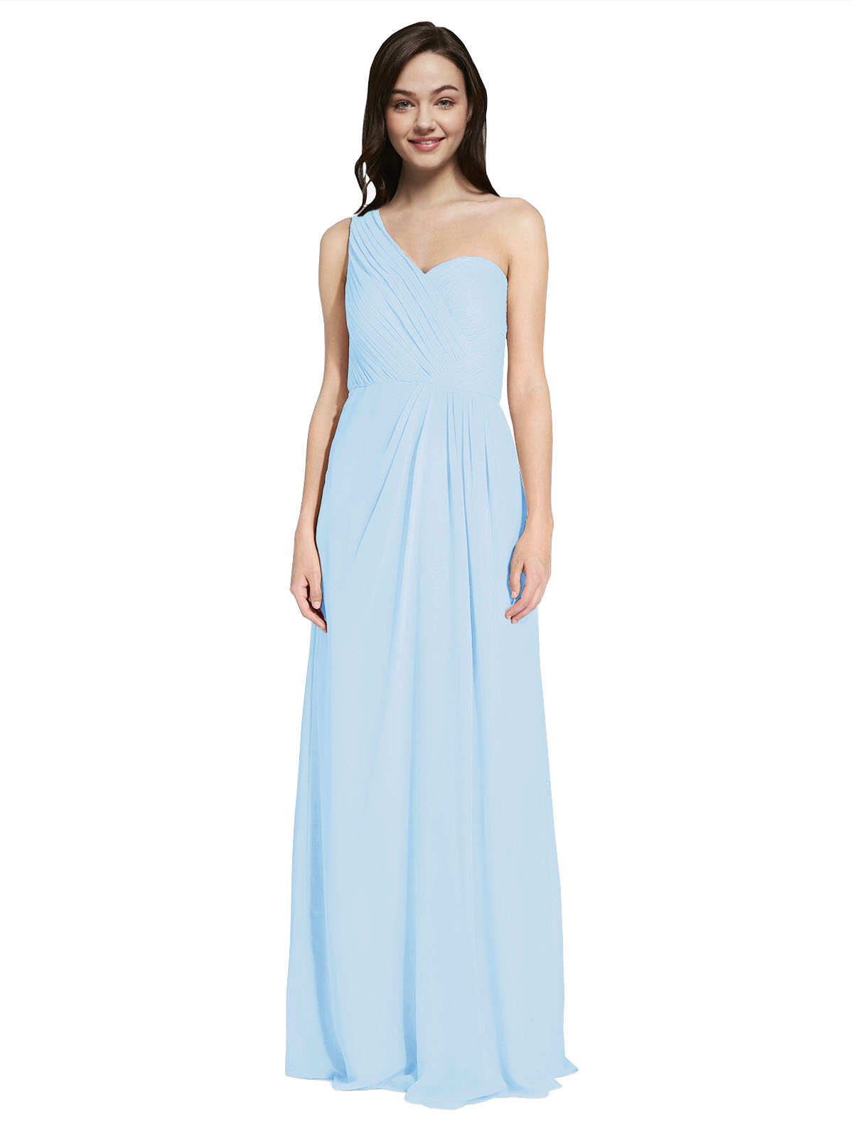 Long A-Line One Shoulder Sweetheart Sleeveless Light Sky Blue Chiffon Bridesmaid Dress Ida