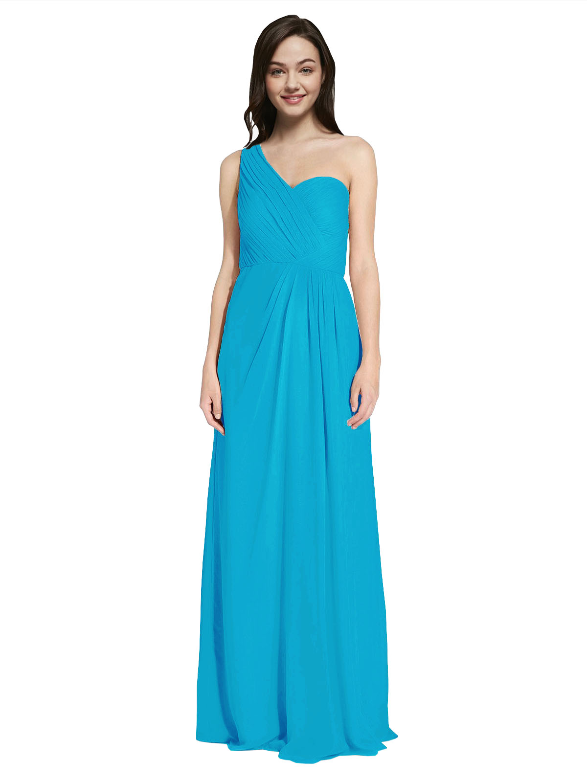 Long A-Line One Shoulder Sweetheart Sleeveless Turquoise Chiffon Bridesmaid Dress Ida