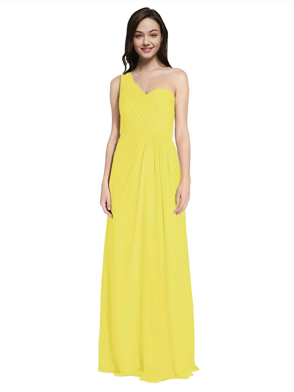 Long A-Line One Shoulder Sweetheart Sleeveless Yellow Chiffon Bridesmaid Dress Ida