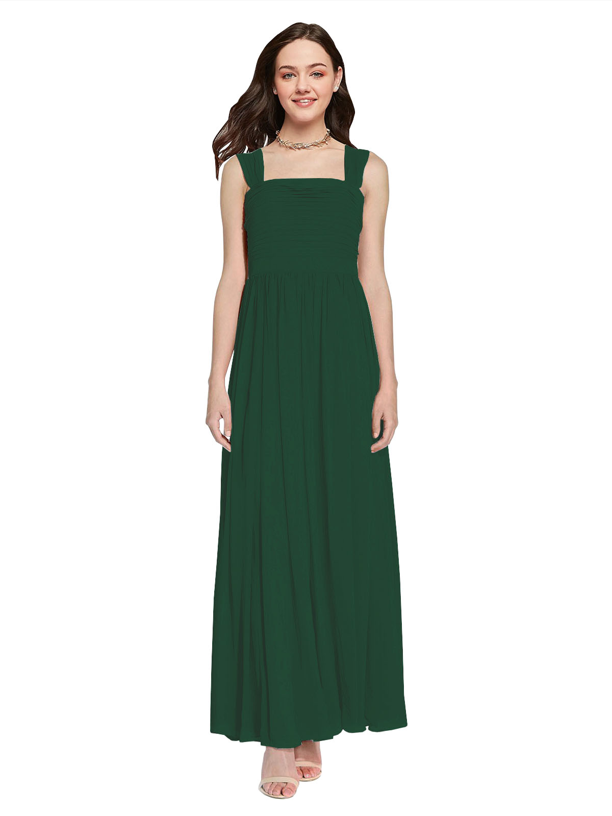 Long A-Line Square Sleeveless Dark Green Chiffon Bridesmaid Dress Aldridge