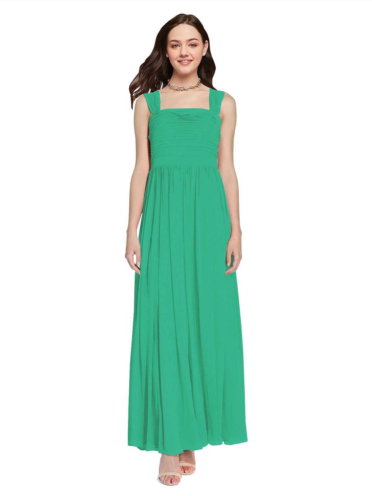 Long A-Line Square Sleeveless Emerald Green Chiffon Bridesmaid Dress Aldridge