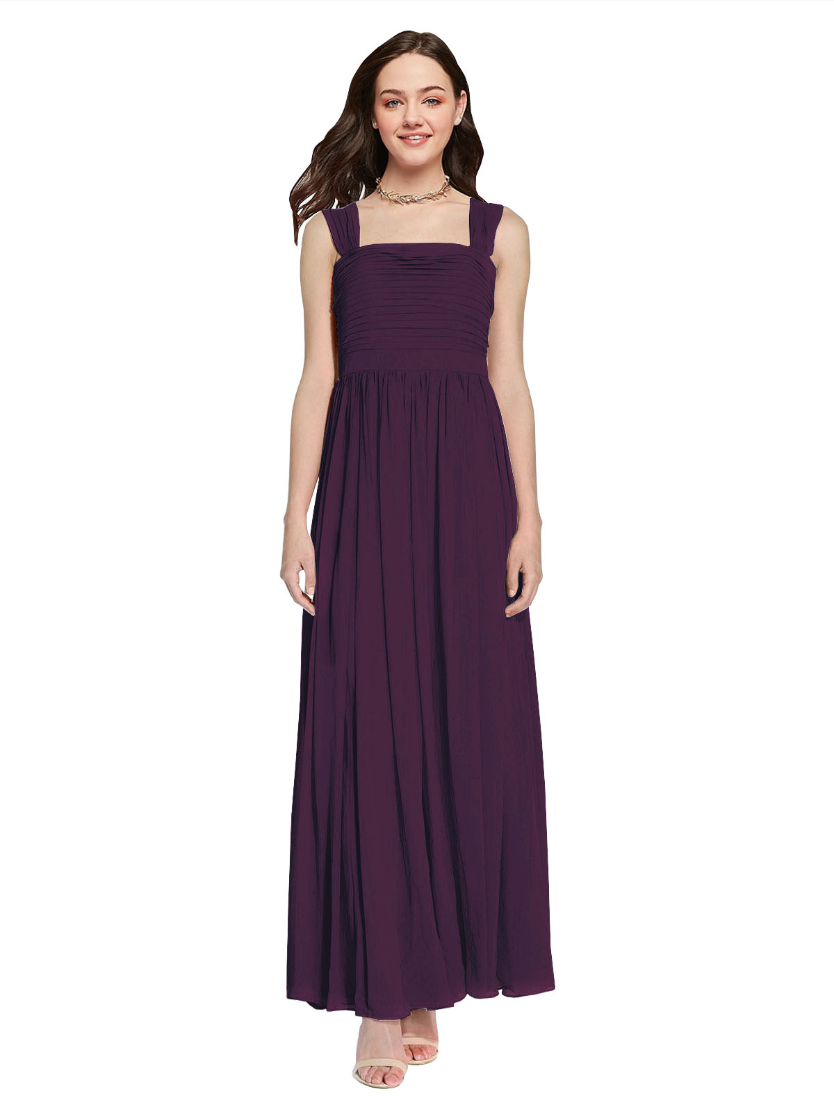 Long A-Line Square Sleeveless Grape Chiffon Bridesmaid Dress Aldridge