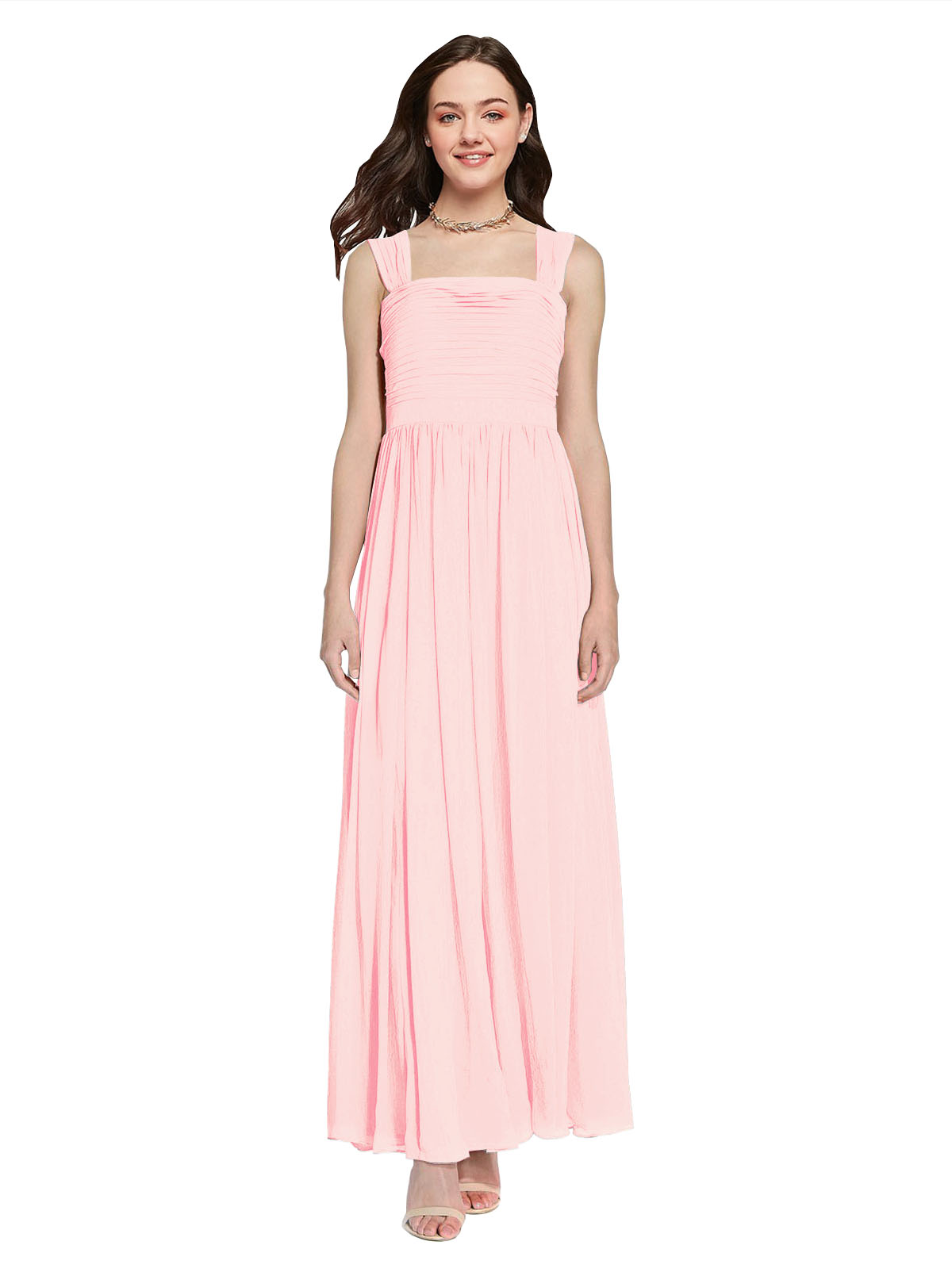Long A-Line Square Sleeveless Pink Chiffon Bridesmaid Dress Aldridge