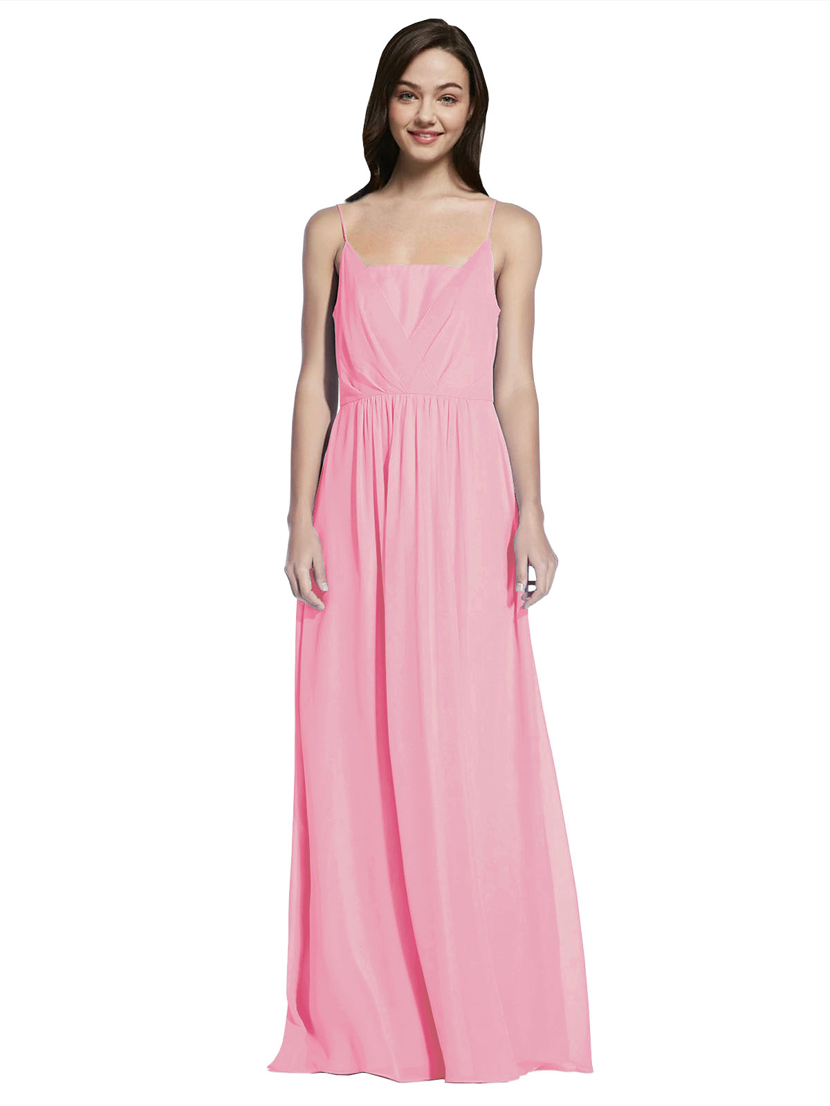 Long A-Line Spaghetti Straps Sleeveless Hot Pink Chiffon Bridesmaid Dress Owen