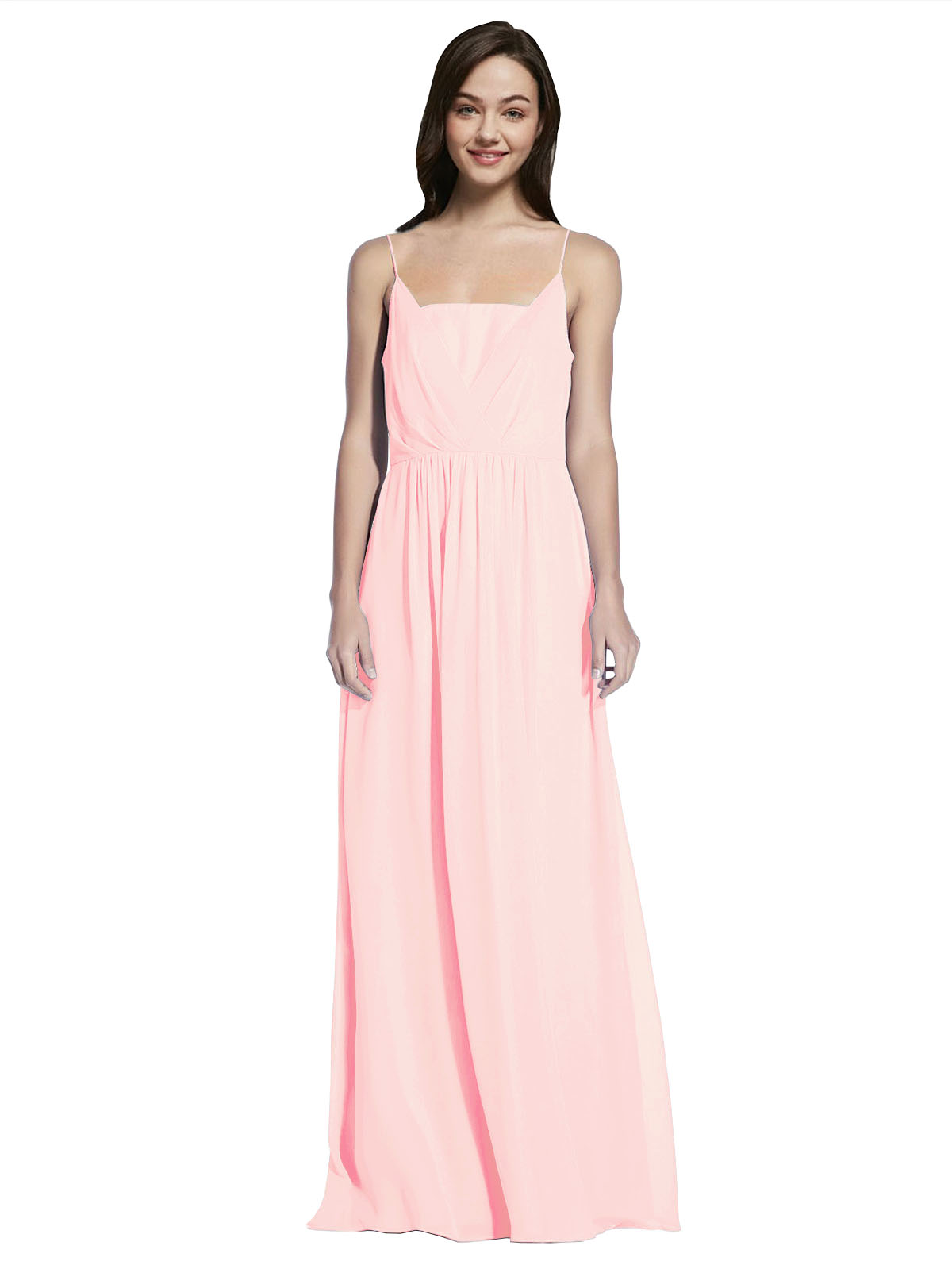 Long A-Line Spaghetti Straps Sleeveless Pink Chiffon Bridesmaid Dress Owen