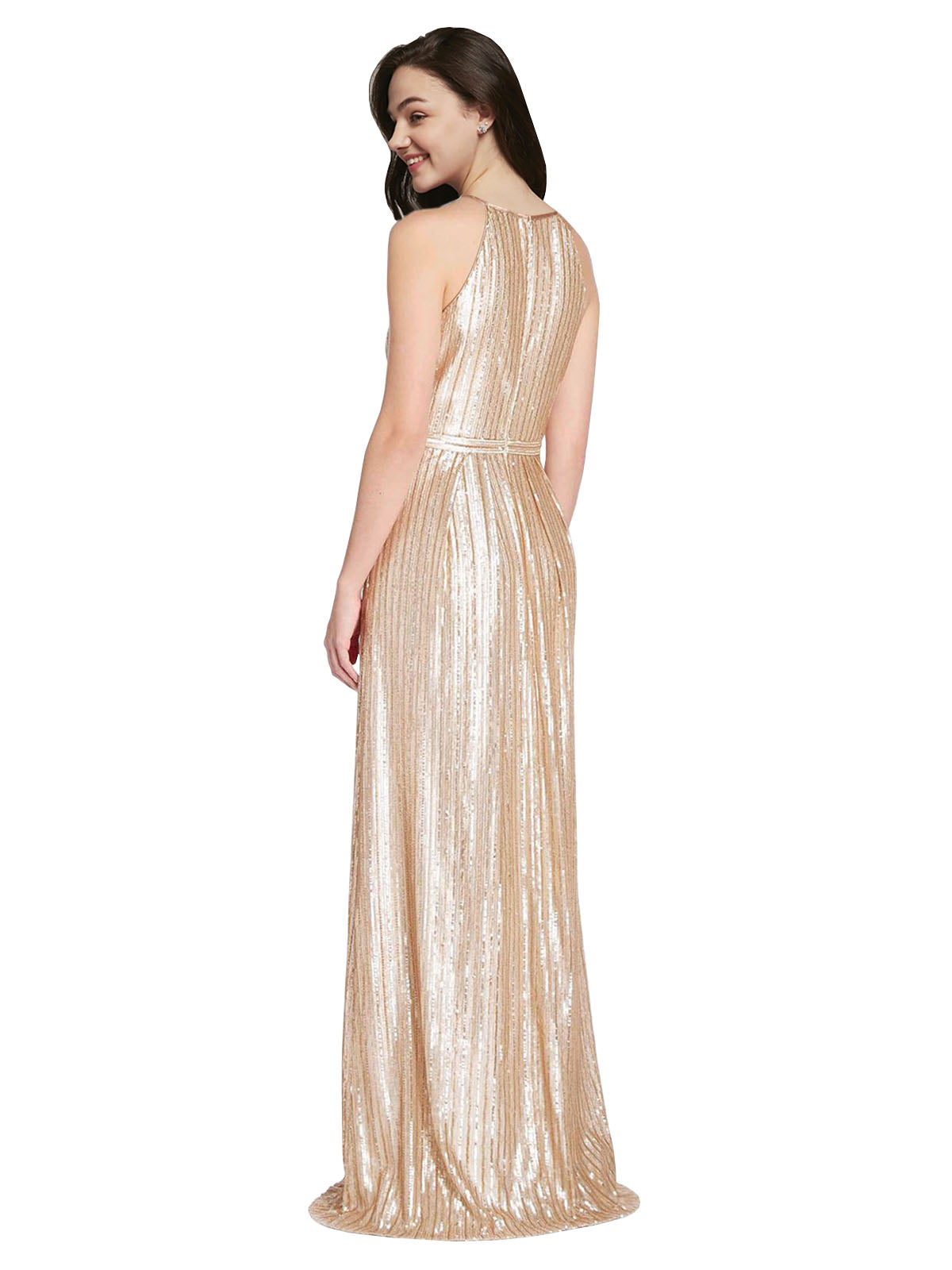 Gold High Neck Halter Long Sleeveless Sequin Bridesmaid Dress Duran