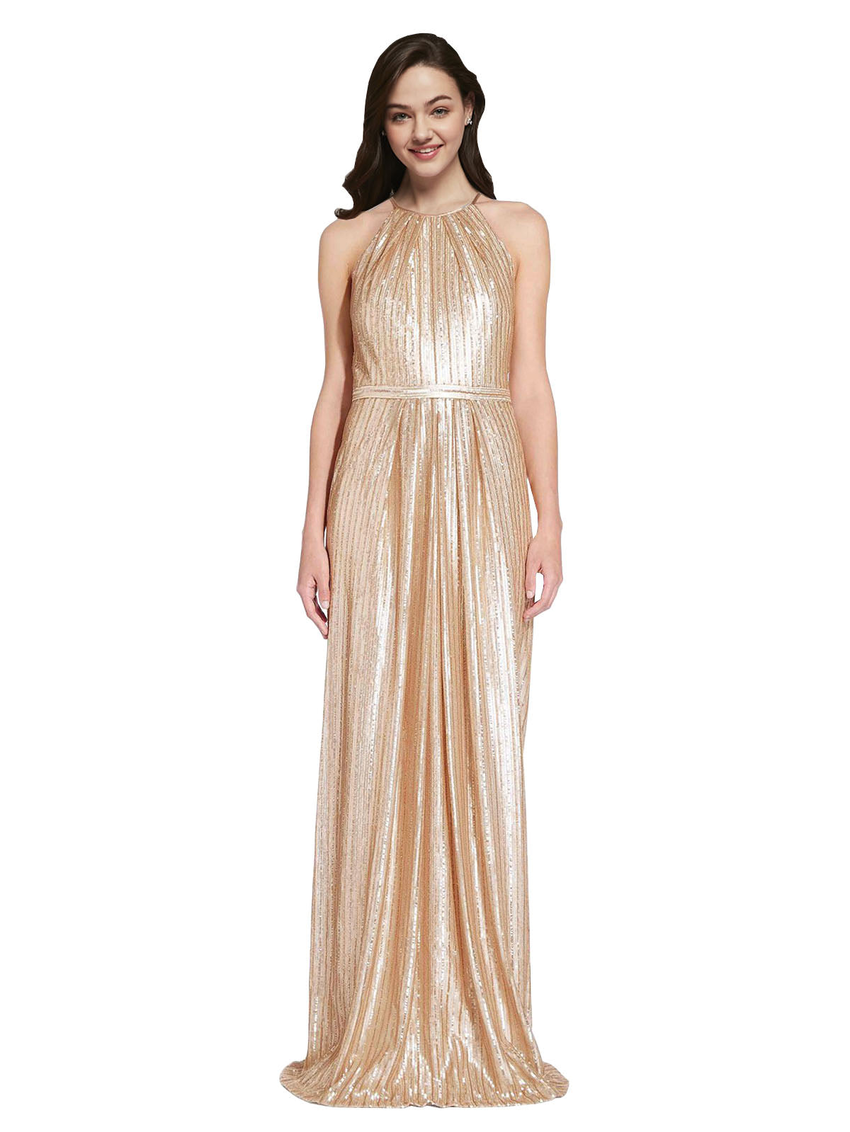 Gold High Neck Halter Long Sleeveless Sequin Bridesmaid Dress Duran