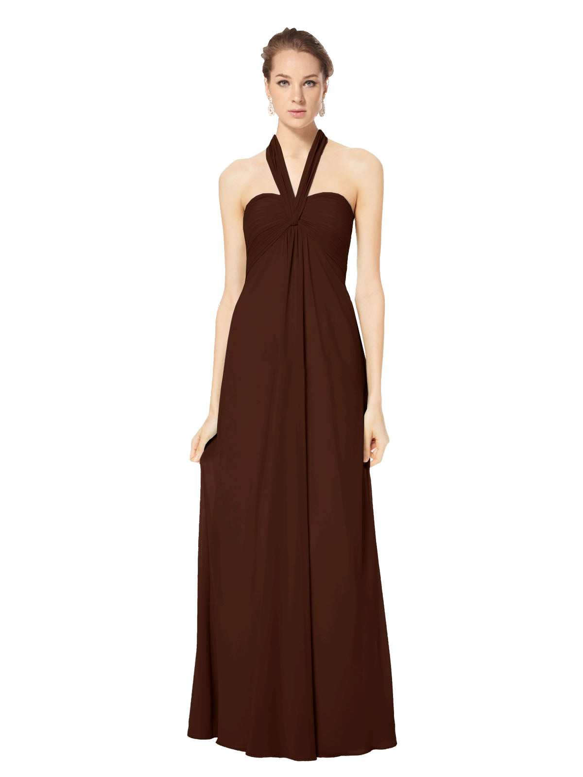 Long Empire Halter Sleeveless Chocolate Chiffon Bridesmaid Dress Kennedy