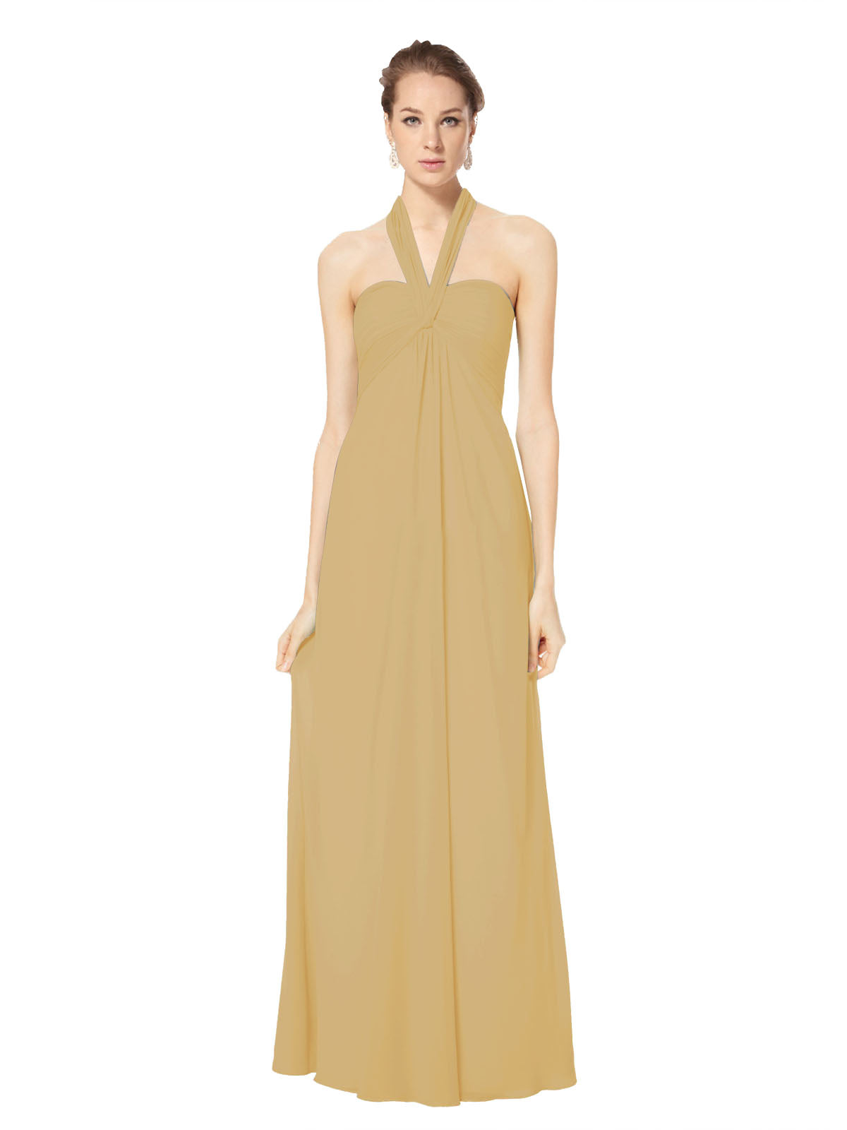 Long Empire Halter Sleeveless Gold Chiffon Bridesmaid Dress Kennedy