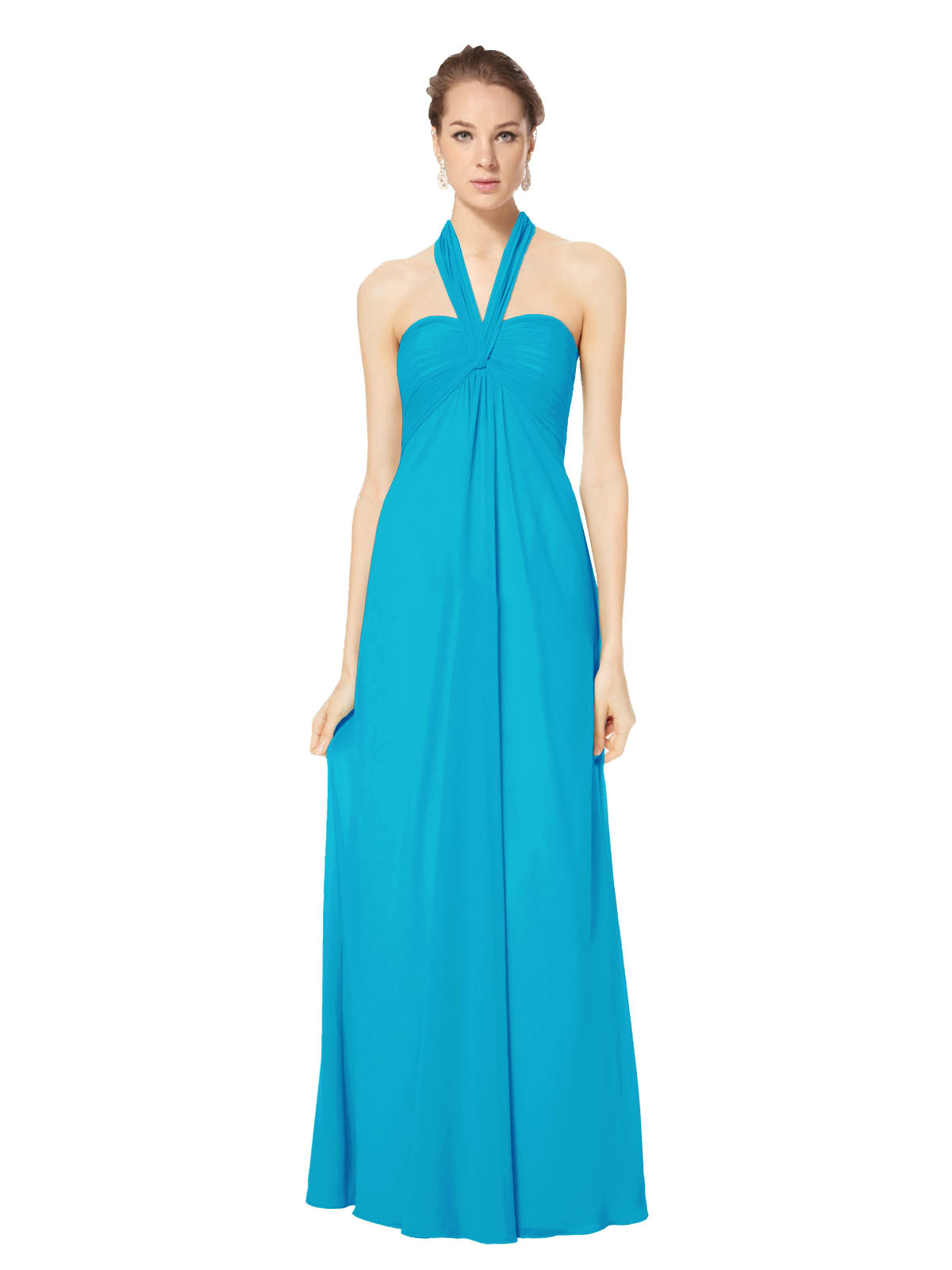 Long Empire Halter Sleeveless Turquoise Chiffon Bridesmaid Dress Kennedy