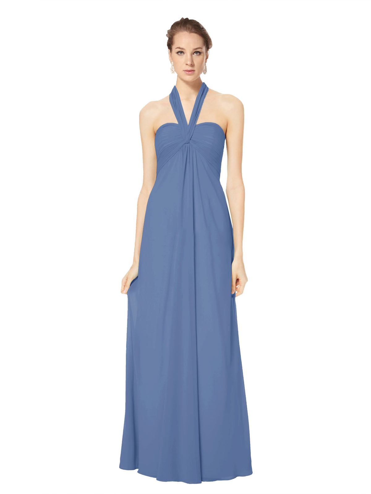Long Empire Halter Sleeveless Windsor Blue Chiffon Bridesmaid Dress Kennedy