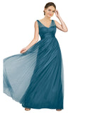 Long A-Line V-Neck Sleeveless Tulle Teal Green Bridesmaid Dress Reagan