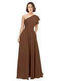 Brown A-Line One Shoulder  Long Bridesmaid Dress Josephine